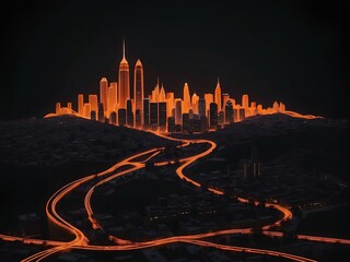 Wall Mural - transparent glowing orange city, glowing lines, black background, for design, isolated