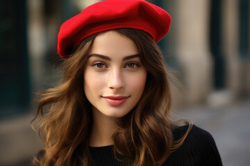 Wall Mural - Beautiful French woman wearing a red beret