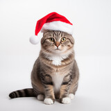Fototapeta Koty - a cat sitting on a white background wearing a Christmas hat