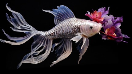 Sticker -  a koi fish with glistening silver and deep purple scales, elegantly gliding through crystal clear, white waters.
