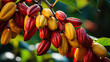 A bunch of fruit hanging from a tree. Red and yellow cocoa beans.