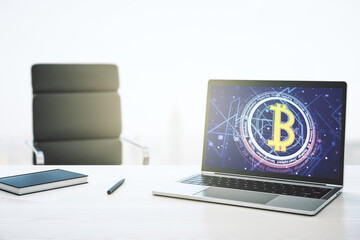 Poster - Creative Bitcoin concept on modern laptop screen. 3D Rendering
