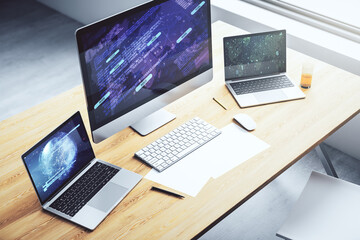 Poster - Computer monitor with abstract creative programming illustration and world map, big data and blockchain concept. 3D Rendering