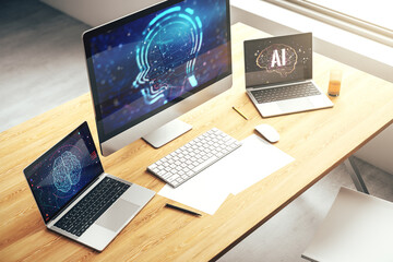 Poster - Creative artificial Intelligence concept with human head hologram on modern laptop screen. 3D Rendering