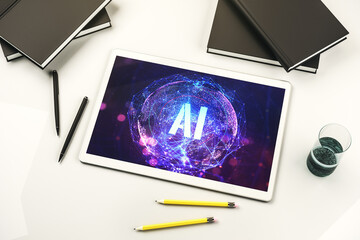 Poster - Creative artificial Intelligence symbol concept on modern digital tablet display. Top view. 3D Rendering