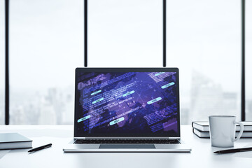 Poster - Modern computer screen with abstract creative coding sketch and world map, artificial intelligence and neural networks concept. 3D Rendering