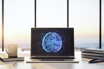 Poster - Modern computer display with creative human brain microcircuit. Future technology and AI concept. 3D Rendering