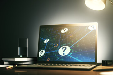 Aufkleber - Creative abstract question mark sketch on modern laptop monitor, FAQ and research concept. 3D Rendering