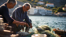 Traditional Greek Fishermen Mending Nets In A Small Village On The Aegean Sea.