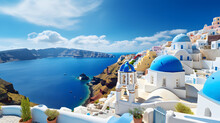 Traditional Greek Village In Santorini With White Buildings And Blue Domes Overlooking The Sea.