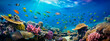 Underwater world with corals and fish. Selective focus.