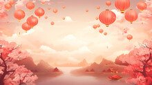 Festive Background With Chinese Paper Lanterns And Pink Blooming Trees