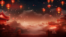 A Celebratory Scene With Chinese Red Lanterns And Ancient Temples, Creating A Festive Atmosphere