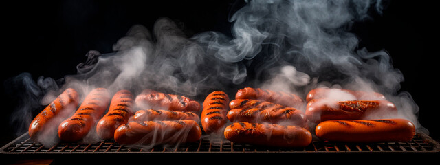 Wall Mural - sausages are fried on a barbecue grill. Selective focus.