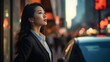 Asian business woman looking sideways while waiting for a cab in the morning, 16:9