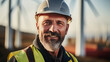 a smiling construction worker with a wind turbines and solar pannels in a blurred background