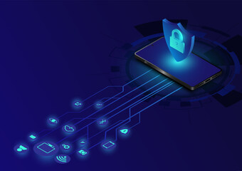 Leinwandbilder - Isometric mobile phone network security information transfer background. Mobile data security modern concept. A transparent shield of the phone from virus attacks vector illustration.