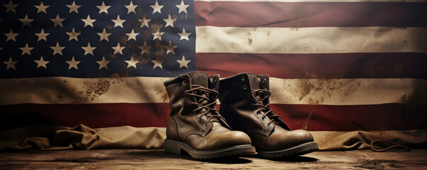 Wall Mural - Army combat boots against the background of the American flag