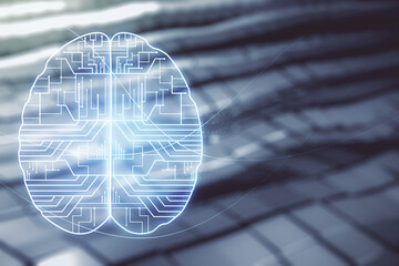 Aufkleber - Virtual creative artificial Intelligence hologram with human brain sketch on blurry abstract metal background. Multiexposure