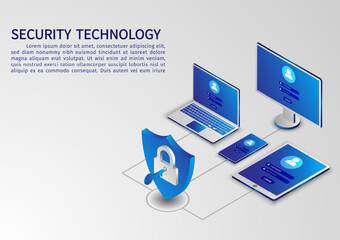 Leinwandbilder - Isometric network security information transfer background. Data security modern concept. A transparent shield of the computer, phone, and laptop from virus attacks and hackers. vector illustration.