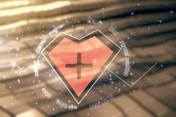 Poster - Abstract virtual heart pulse hologram on abstract metal background, online medical consulting concept. Multiexposure