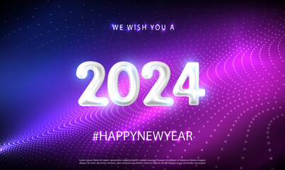 Poster - New Year 2024 futuristic technology and science background with connected particle dots. White Numeral 2024 Hitech communication digital business.Technology future cyber data. Tech sci-fi Vector EPS10