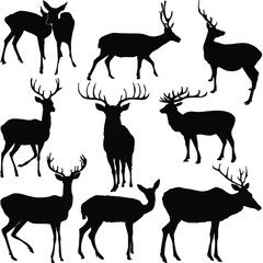 Wall Mural - nine isolated black deers silhouettes