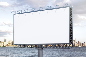 Blank white horizontal billboard on skyline background at daytime, perspective view. Mock up, advertising concept