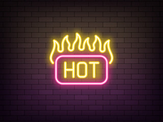 Wall Mural - Outline neon Hot icon, yellow pink. Glowing neon Hot tag button with fire. Burning label with text Hot. Super price deal, top hit offer. Fiery title, burning tag for promotion and ad. Vector icon