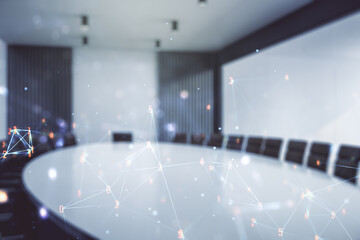 Poster - Abstract virtual wireless technology hologram on a modern conference room background. Big data and database concept. Multiexposure