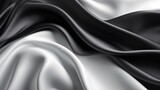 Fototapeta  - Black white silk satin fabric abstract background. Drapery fold crease wavy crumpled. Light shiny glitter shimmer shine. Luxury beauty rich. Sexy. Fluid flow liquid effect 