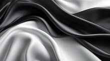 Black White Silk Satin Fabric Abstract Background. Drapery Fold Crease Wavy Crumpled. Light Shiny Glitter Shimmer Shine. Luxury Beauty Rich. Sexy. Fluid Flow Liquid Effect 