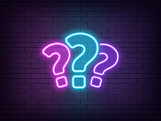 Poster - Outline 3 neon questions, colorful icon. Glowing neon question marks, answer searching, FAQ support, questionnaire. Find problem decision. Quest, puzzle and quiz. Unknown surprise, secret, mystery