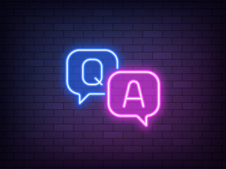 Poster - Outline neon Q&A, blue purple icon. Glowing neon Questions and Answers sign with speech bubble, business FAQ. Expert help, client assistance service, customer support chat. Advice and solutions