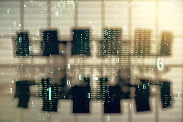 Poster - Multi exposure of abstract software development hologram and world map on a modern meeting room background, global research and analytics concept