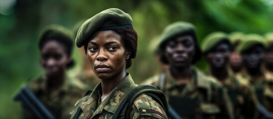 Wall Mural - Group of African female soldiers in camouflage uniforms and berets, blurred jungle background. Generative AI