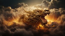 Gold, Chinese Dragon, Mouth Fire, 8K, Flying Clouds