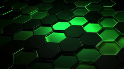 Wall Mural - futuristic green hexagonal abstract: vibrant technology concept with neon glow, black hexagon pattern on green background – 3d render