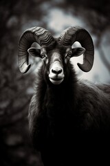 Wall Mural - High resolution HD photo portrait of a mountain sheep, black background, detailed, generative AI	