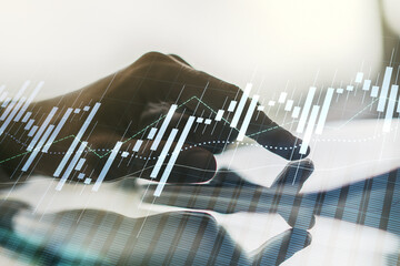 Aufkleber - Double exposure of abstract creative financial diagram with finger clicks on a digital tablet on background, banking and accounting concept