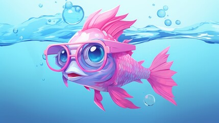 A fish in pink glasses swims underwater.