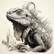Iguana on rock, unusual spectacular reptile, black and white drawing, engraving style, close-up portrait