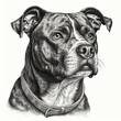 Staffordshire terrier, engraving style, close-up portrait, black and white drawing, brave dog