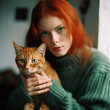 Beautiful woman with red hair and green eyes holds a red cat in her arms, the woman and the cat look alike, the owner and the pet look similar