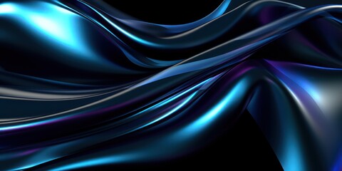 Canvas Print - White blue 3d render of dark and black silk displaying white iridescent holographic foll in style of black abstract background,metallic