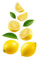 Wall Mural - lemon isolated set. collection of lemons, halves and lemon slices with leaves on a transparent backg