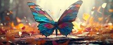 Large Stunningly Beautiful Fairy Wings Fantasy Abstract Paint Colorful Butterfly Sits On Garden.The Insect Casts A Shadow On Nature.The Insect Has Many Geometric Angles.3d, Generative AI 