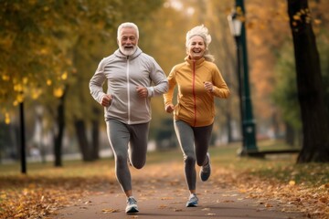 Retirement, couple and running fitness health for body and heart wellness with natural ageing. Married, mature and senior people enjoy nature run together for cardiovascular vitality workout.