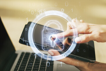 Poster - Double exposure of creative lock hologram with chip and with finger clicks on a digital tablet on background. Information security concept