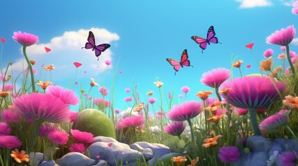 Wall Mural - Blooming meadows cartoon landscape, sunny day.